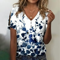 Дамски върхове v-образни флорални блузи ежедневни жени летни ризи с къс ръкав сини s