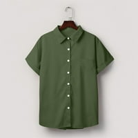 Блузи за жени бутон надолу причинно -следствени ризи солидни цветове летни върхове обличане на работен офис Дами къси ръкави ризи с джобове на клирънс армия зелено