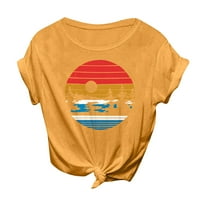 Тениска на Dyfzdhu за жени ежедневни винтидж слънчев печат къмпинг печат твърд цвят с къс ръкав тениска отгоре