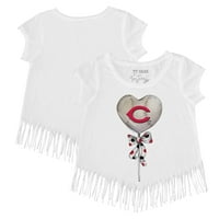 Момичета младежта мъничка бяла бяла тениска на Cincinnati Reds Heart Lolly Fringe