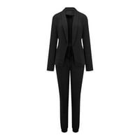 Женски две ревера костюм комплект офис бизнес с дълъг ръкав Официално яке панталон костюм тънък приготен панталон костюм костюм черен xl