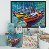 Дизайнарт 'Три Цветни Лодки В Пристанището' Морски И Крайбрежни Рамкирани Платно Стена Арт Принт