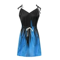 Жени V-образни модни мини отпечатани мини без ръкави летни рокли сини l