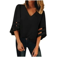 Клирънс дамски върхове Лято v-образен блуза Мреша панел блуза звънец ризи за ръкав черно l