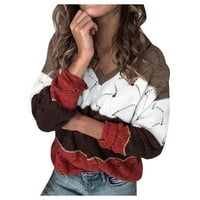 Женски цветен блок ивициран пуловер за шия за жени с дълъг ръкав плетен пуловер джъмперни върхове