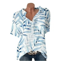 Лятна тениска с къс ръкав за жени ежедневни бутон в врата хлабав годни върховете удобен памук бельо флорални Принт Блуза ризи с джоб синьо л