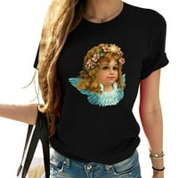 Chubby Angel с малки крила Моден графичен печат Женска тениска с къс ръкав, мек и еластичен летен връх за жени - сладки и удобни графични тройници за жени