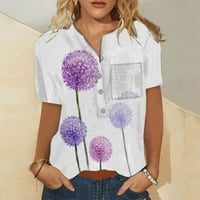 Ризи за женски флорални върхове за жени, женски бутон надолу модни ежедневни ризи с къс ръкав блуза лилаво xxxl