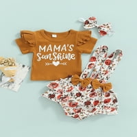 Aturuste Toddler Girls Outfit Letter Ruffle Тениска с къс ръкав + Rose Sun Bow Слоено маншетно окачено триъгълник панталони + лък лента за глава