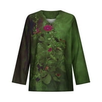 Дамски Есен мода, Дамски върхове, Дълъг ръкав Случайни вълнообразен врата памук бельо реколта печат риза в-врата тениска тениска туника зелено