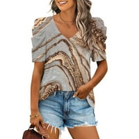 Жени лято ежедневно тениска с v-образен сладък пуф ръкав с къс ръкав отпечатани пуловер свободни блузи върхове