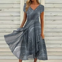 Рокли за жени Дължина на глезена A-Line късо ръкав Разхлабена V-образно отпечатана рокля сиво 5xl