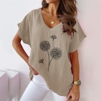Тениски на Guzom за жени- реколта ежедневни върхове отпечатани къси ръкав удобна блуза v шия тениски khaki m