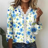 Дамски блузи с дълъг ръкав Дамски блузи с дълъг ръкав графични щампи Есен ежедневни блузи с врат Пуловер Блузи сини 2ХЛ
