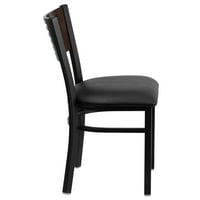 Флаш мебели Херкулес серия Черен ламелен гръб метален стол за ресторант-гръб от орехово дърво, черна винилова седалка