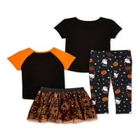 Хелоуин бебе момичета и малко дете момичета тениска с къс ръкав, панталони и пола Туту, 4-парче комплект, размери 12м-5т