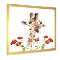 Портрет на жираф с червени цветя