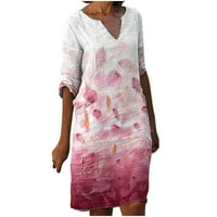 Ръкави рокли за жени, Дамски Есен Ежедневни рокли мода до коляното дължина рокли флорален печат в врата сарафан