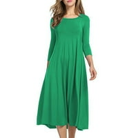 Стабилни Летни рокли за жени Дамски ежедневни Плътен цвят средата на ръкав о-врата голяма люлка Висока талия рокля зелен хл