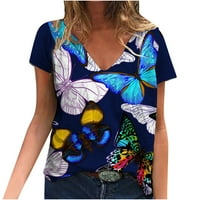 Смихоно продажби летни тениски за жени цвят контраст удобен модерен къс ръкав мода дамска блуза върхове пеперуда печат цветен печат Секси в врата хлабав случайни Женски Свободно Време Синьо 4