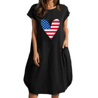 Юелянси Дамско сърце отпечатано свободна рокля с къс ръкав за жени летни кръгли рокли с джоб 4 юли САЩ флаг памук бельо хлабава рокля