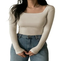 Xingqing Основен квадратен врат на жените с дълъг ръкав твърд тънък монтиран тениска отгоре бял l