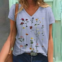 Удобна риза жени тениски с V-образно деколте върхове свободни приспособления флора печат ежедневен модерен облечен летен туника с къс ръкав тениски лилави s