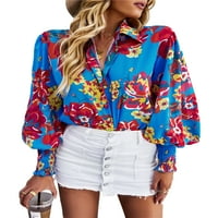 Glonme Ladies Blouse Lapel Tops Tops Floral Print Rhiss Holiday Lessual Tunic Rish Елегантна дълъг ръкав светло зелено 2xl