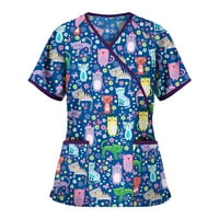 Клирънс летни блузи графични щампи с къс ръкав работно облекло Дамски блузи в-хлабав врат, Тъмно синьо, ШЛ