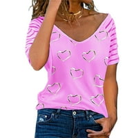 Дамски върхове жени ежедневни разхлабени ризи с къс ръкав моден сърдечен печат тениски тениски тениски розово l