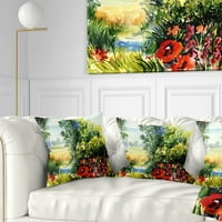 Дизайнарт акварел пейзаж с цветя - пейзажна печатна възглавница за хвърляне-18х18