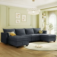 Евроко П-образен секционен диван конвертируем разтегателен диван с място за съхранение, Модерен модулен диван 4-местен с табуретки, Тъмно сив