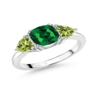 Gem Stone King 1. CT възглавница Зелен нано изумруден зелен перидот стерлингов сребърен 3-каменна годежен пръстен