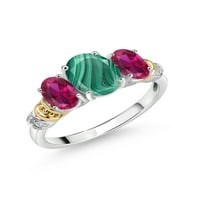 Gem Stone King 3. CT Oval Green Malachite Red Създаден Ruby Silver и 10K Yellow Gold Diamond Ring