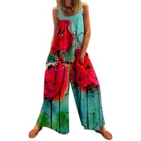 Женски комбинезони, романи и гащеризон моден печат джоб дълъг игрален костюм широк крак на свободни комбинезони за жени