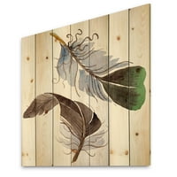 Дизайнарт 'абстрактно зелено птиче перо от крило' Бохемски и еклектичен принт върху естествена борова дървесина
