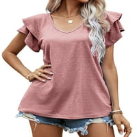 Тениска с двупластови ръкави на бомтуо дами летни върхове тениски тениски тениска мека пуловер за ежедневно облекло розово s
