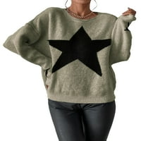 Случайни геометрични печат кръгла шия пуловери с дълъг ръкав каки женски пуловери