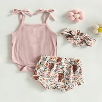 Qtinghua Western Baby Girl Outfit Leeveless каишка оребрена ромпер топ крава щампата шорти за глава на летни дрехи розово 12- месеца