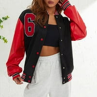 Yilvust Women Baseball Juge Number Printed Fall Casual Leather Lleave Button Bomber Jacket Wearch