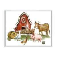 Дизайнарт 'ферма къща с гъска крава прасе пиле и купа сено' Рустик рамкирани платно стена арт принт