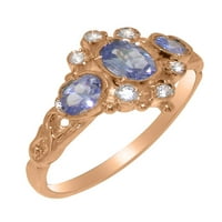 Британски направени 9k Rose Gold Истински истински Tanzanite & Diamond Womens Promise Ring - Опции за размер - размер 5.75