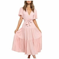 Летни ежедневни рокли за жени удобни летни рокли за жените небрежни модни модни солидни цветове V-образно демито