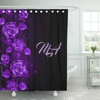 Цветя монограма и лилави рози на черни флорални елегантни декор за баня за баня за душ завеса