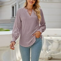 Bazyrey Womens Summer върхове Твърда блуза женска v Neck Trendy дълъг ръкав плисиран лист свободен горен лилав L