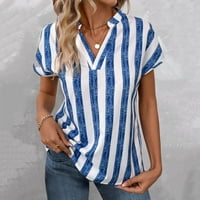 Tosmy Womens Tops Summer Fashion Женски върхове Кратък ръкав v Врат вертикални ивици отпечатани риза Блузи за жени