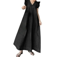 Плюс размер жените деним солиден цвят темперамент v-образен къс ръкав бохемска свободна дълга рокля черно s