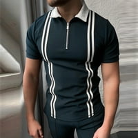 Мъже неприятни ризи блузи с цип спускане на яка пачуърк ивица твърд цвят къси ръкави върхове риза за ваканция за пътуване