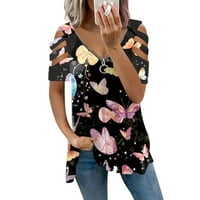 Женски върхове V-образни модни блузи Графични отпечатъци Жени тениски с къс ръкав Лятна туника тий черно m