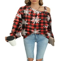Дамски пуловер дълъг ръкав Коледа суитчър студена рамото Блузи хлабав годни върховете Екипажа врата вино Червено
